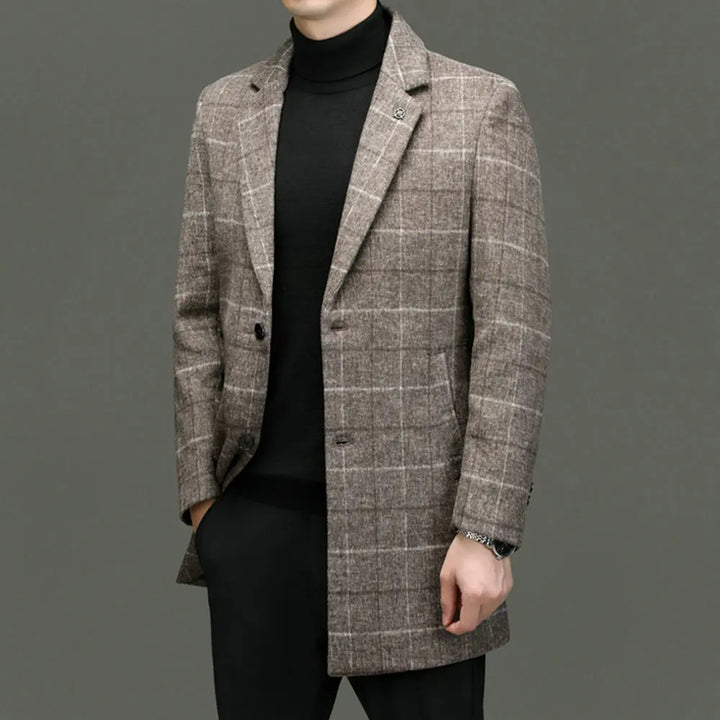 Structured khaki plaid men's coat, a distinguished tailored jacket for sharp business and elegant style.