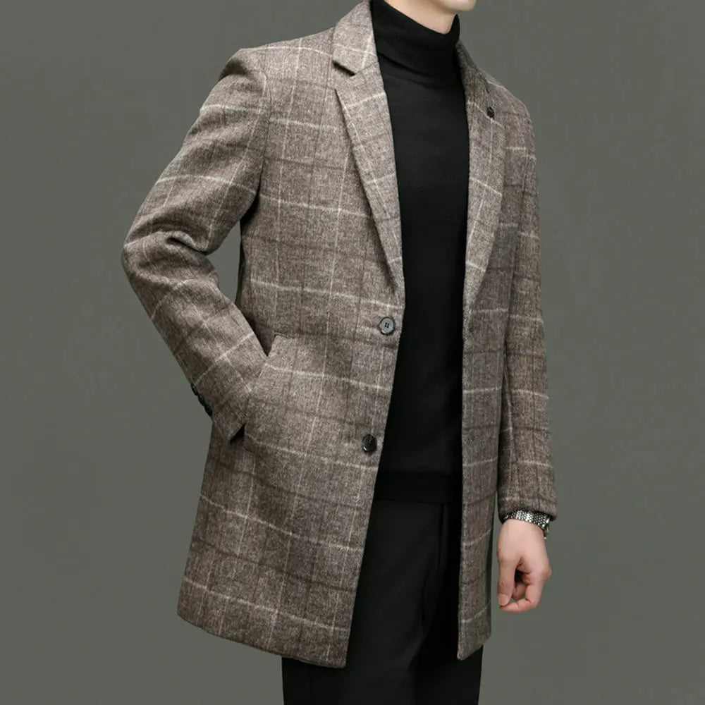 Elegant men's tailored plaid winter coat, classic structured outerwear for sophisticated style & warmth.
