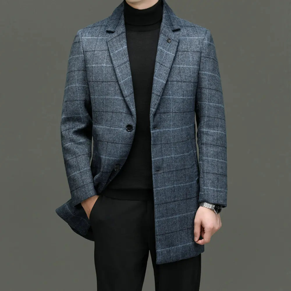 Men's fall tailored plaid coat, a classic structured jacket in gray, ideal for smart casual distinction.