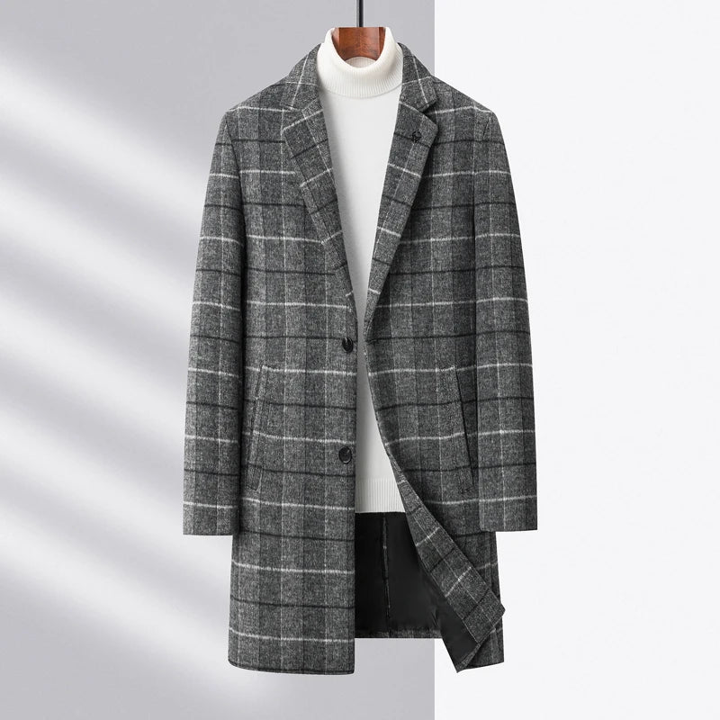 Distinguished men's tailored plaid coat with classic structured fit, a key piece for fall & winter.
