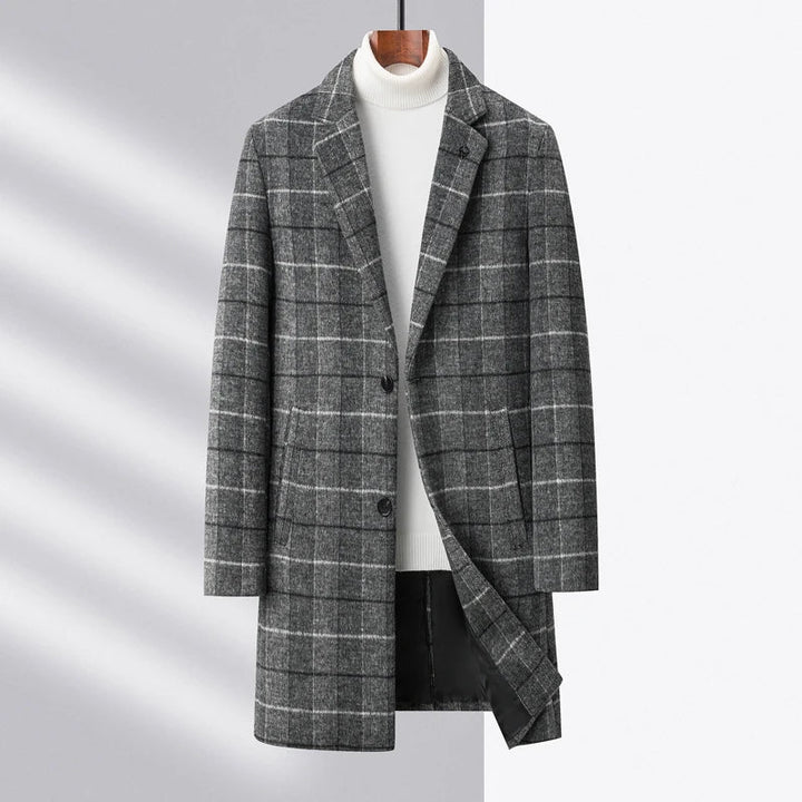 Distinguished men's tailored plaid coat with classic structured fit, a key piece for fall & winter.