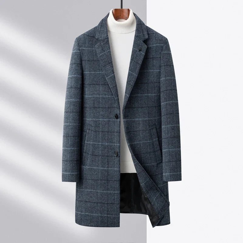 Men's sophisticated blue plaid tailored jacket, classic outerwear for a sharp, modern business look.