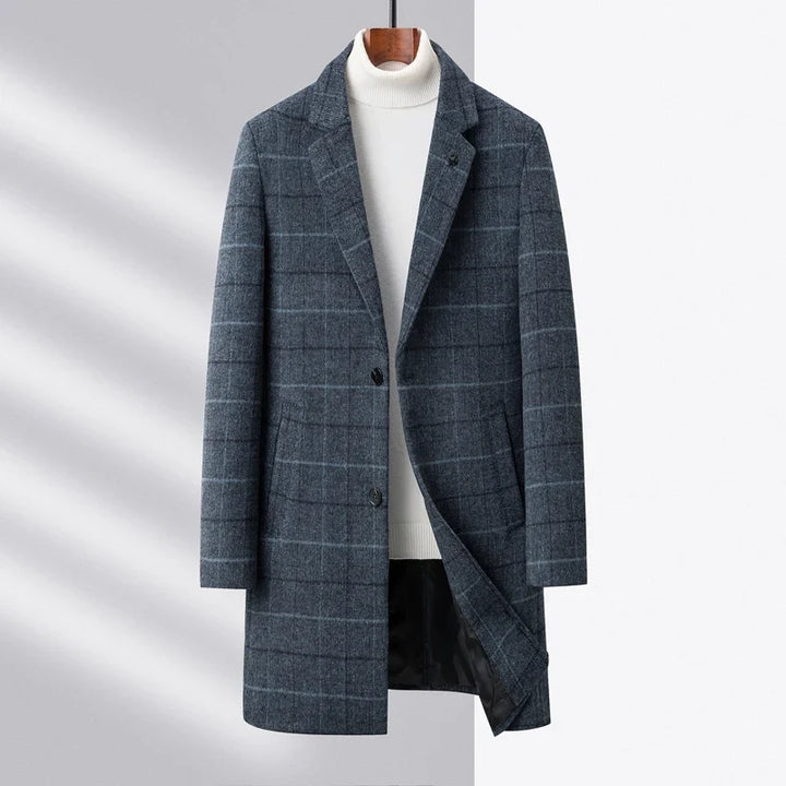 Men's sophisticated blue plaid tailored jacket, classic outerwear for a sharp, modern business look.
