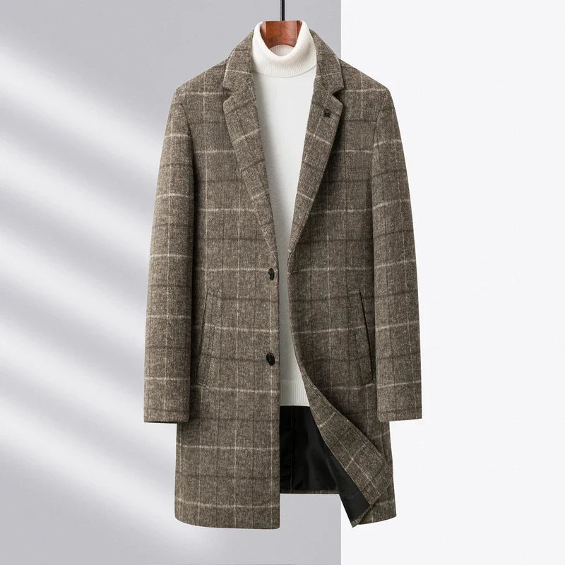 Khaki plaid structured men's coat, elegant tailored outerwear for both business and classic casual wear.