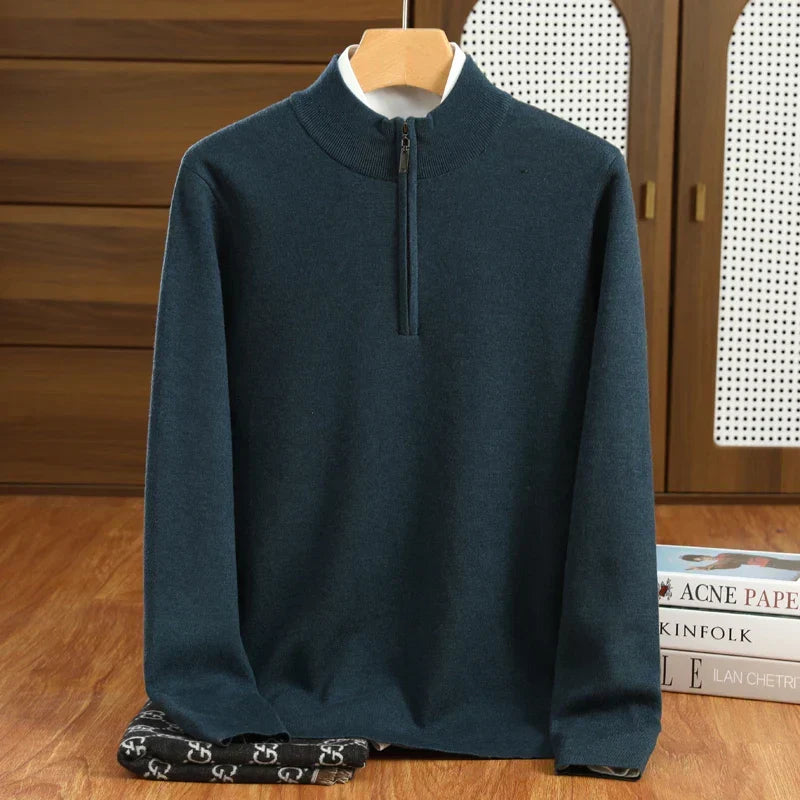 Stylish men's half-zip mock neck sweater, tailored fit for smart casual and business casual men's fashion.