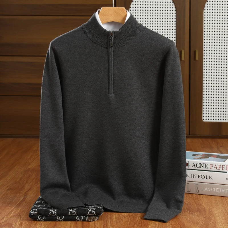 Elegant men's half-zip mock neck sweater, a smart casual pullover. Ideal for layering & professional business wear.