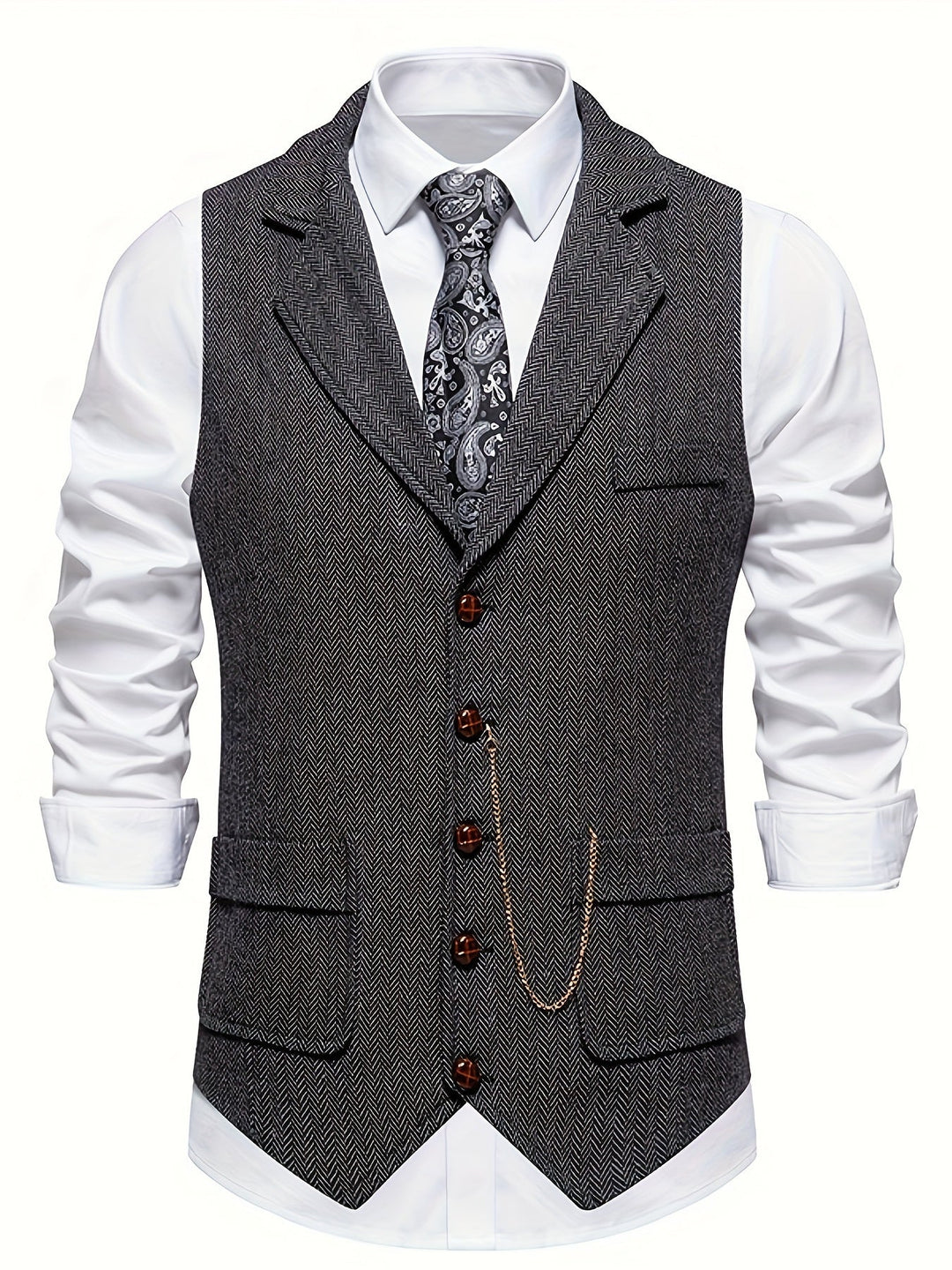 Slim fit men's formal herringbone vest. A versatile tailored layering piece for business attire, weddings, and special occasions.