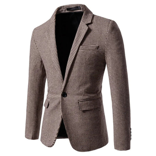 Men's tailored houndstooth blazer, single button, slim fit for business attire. Stylish formal jacket.