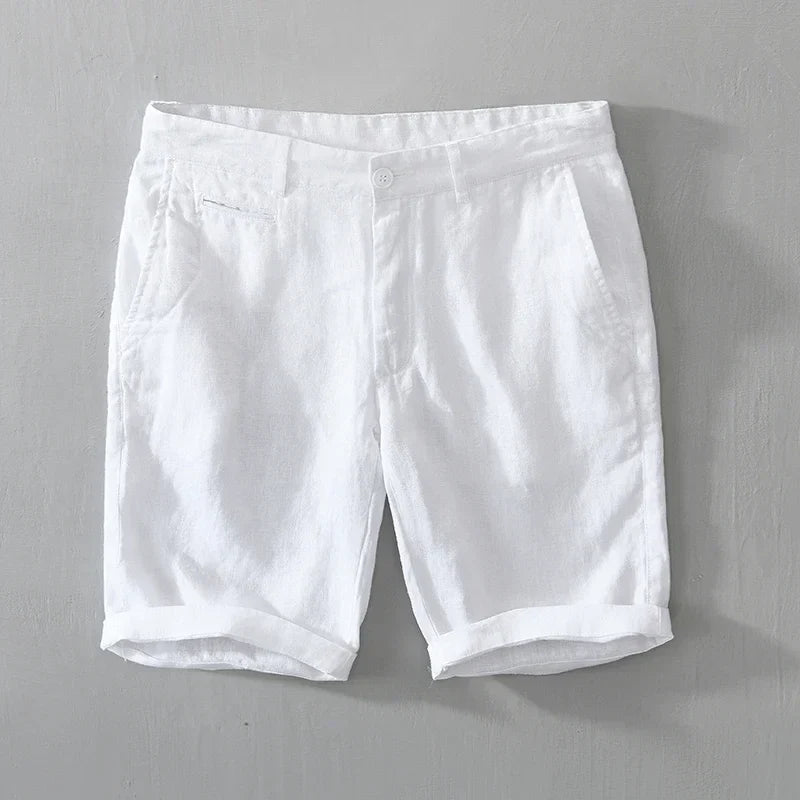 Men's tailored linen shorts in a light color, perfect for breathable summer comfort and style.