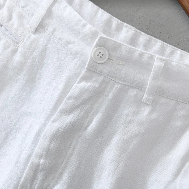 Close-up of men's breathable linen shorts, showcasing the natural fabric texture and quality tailoring.