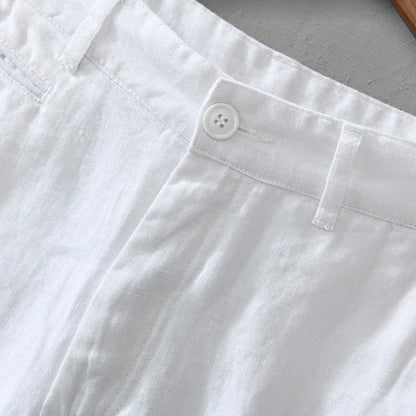 Close-up of men's breathable linen shorts, showcasing the natural fabric texture and quality tailoring.