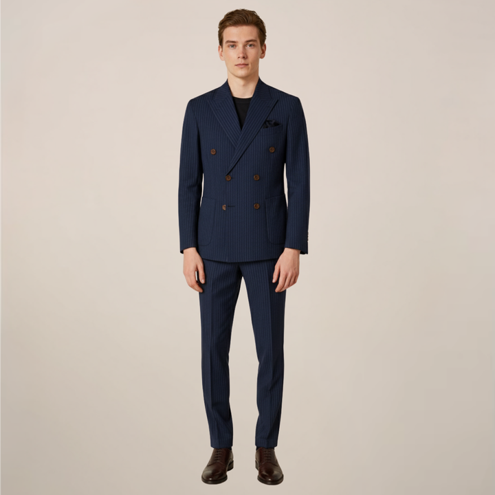 Men's tailored navy blue pinstripe double-breasted suit. Ideal for business, formal events & professional wear.