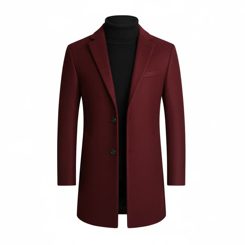 Sophisticated men's tailored coat, notch lapel design. Essential outerwear for formal events, business, or smart casual style.