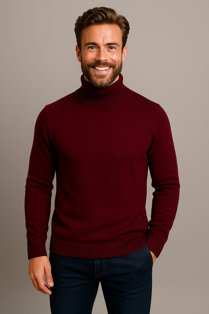 Sophisticated men's long sleeve roll neck polo sweater, suitable for evening and business casual.