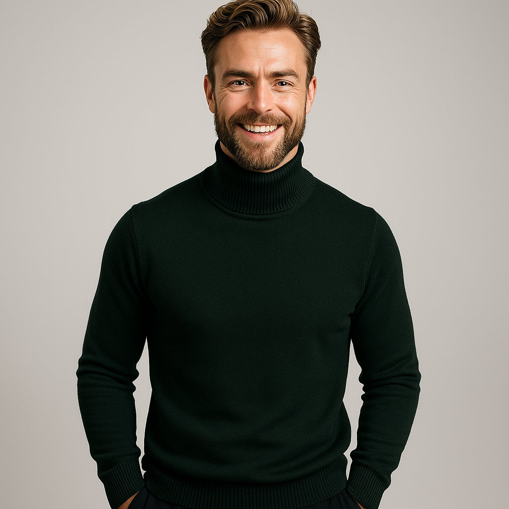 Classic men's roll neck polo sweater, a long sleeve jumper for a refined smart casual look.