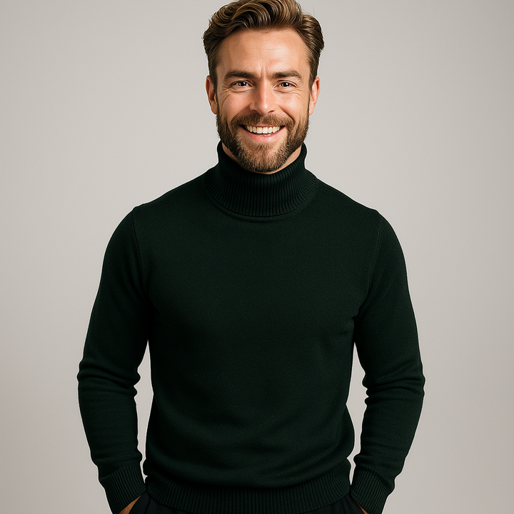 Classic men's roll neck polo sweater, a long sleeve jumper for a refined smart casual look.
