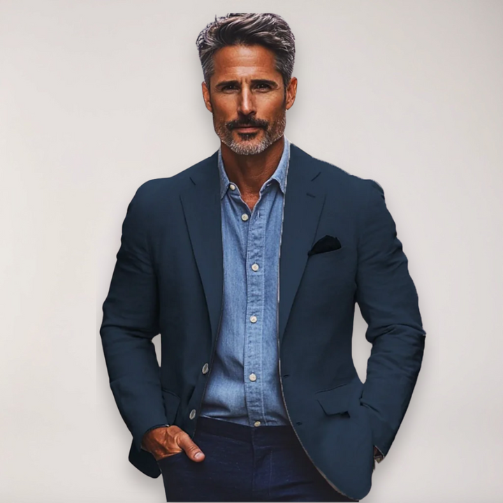 Stylish navy men's tailored blazer, ideal for office wear, formal events, or a sophisticated smart casual look.