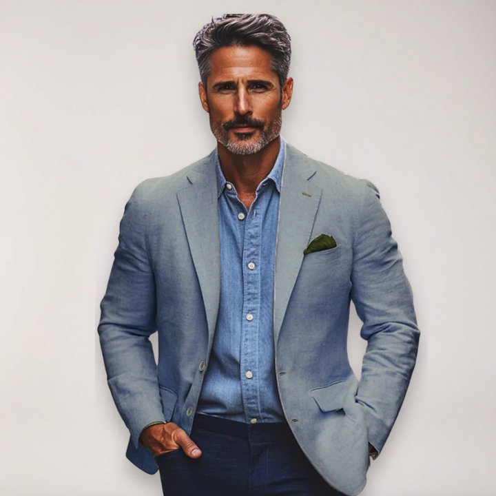 Versatile grey men's tailored blazer, offering a comfortable yet sharp look for business or social events.