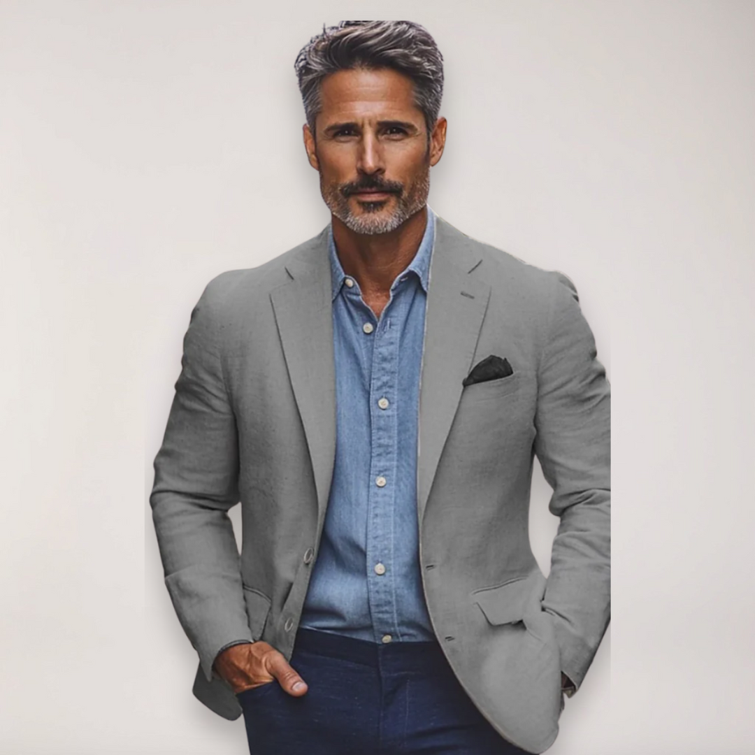 Elegant beige men's smart casual blazer, a versatile everyday jacket suitable for work or special occasions.