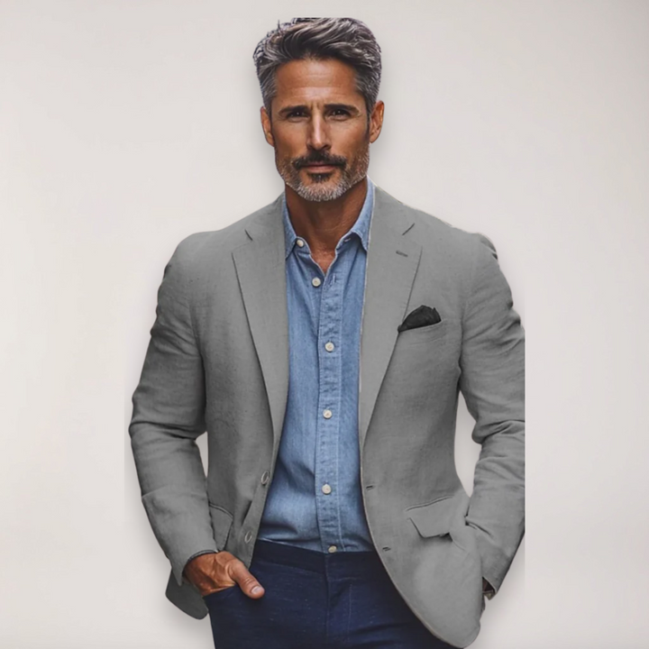 Elegant beige men's smart casual blazer, a versatile everyday jacket suitable for work or special occasions.
