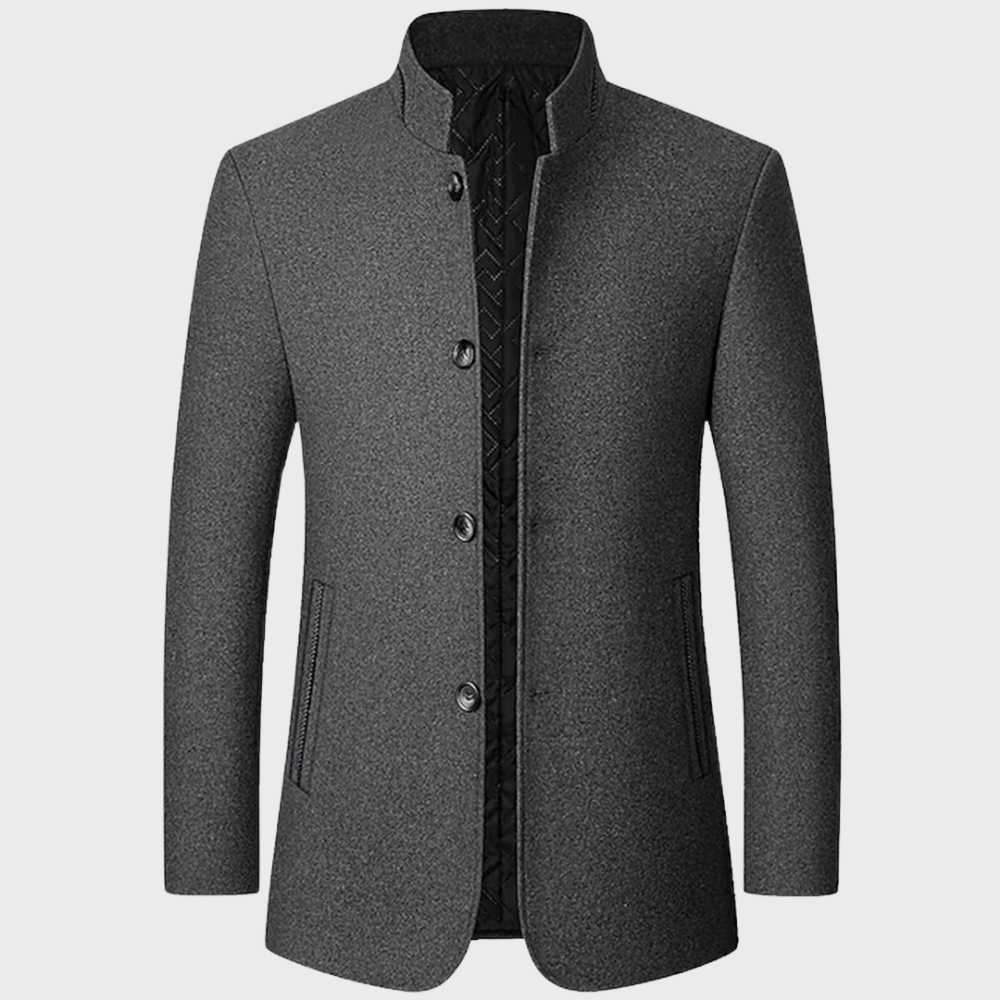 Men's tailored stand collar trench coat. Smart-casual business style, perfect for professional autumn fashion.