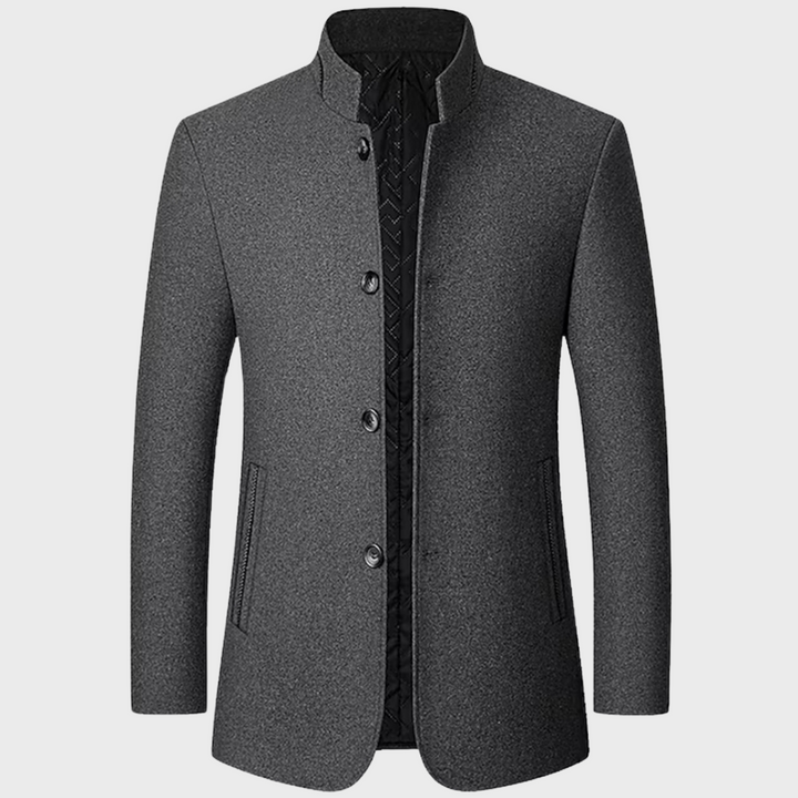 Men's tailored stand collar trench coat. Smart-casual business style, perfect for professional autumn fashion.