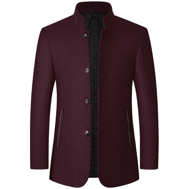Mens stand collar trench coat with practical side pockets. Ideal for a modern business look and smart-casual style.