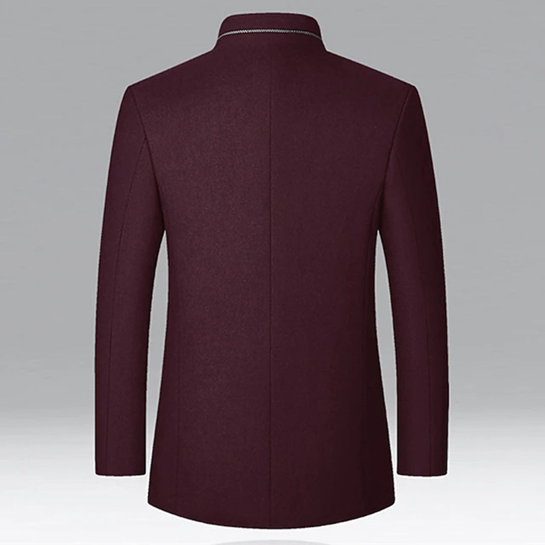 Stylish men's smart-casual tailored jacket. Versatile stand collar trench coat for business and everyday fashion.