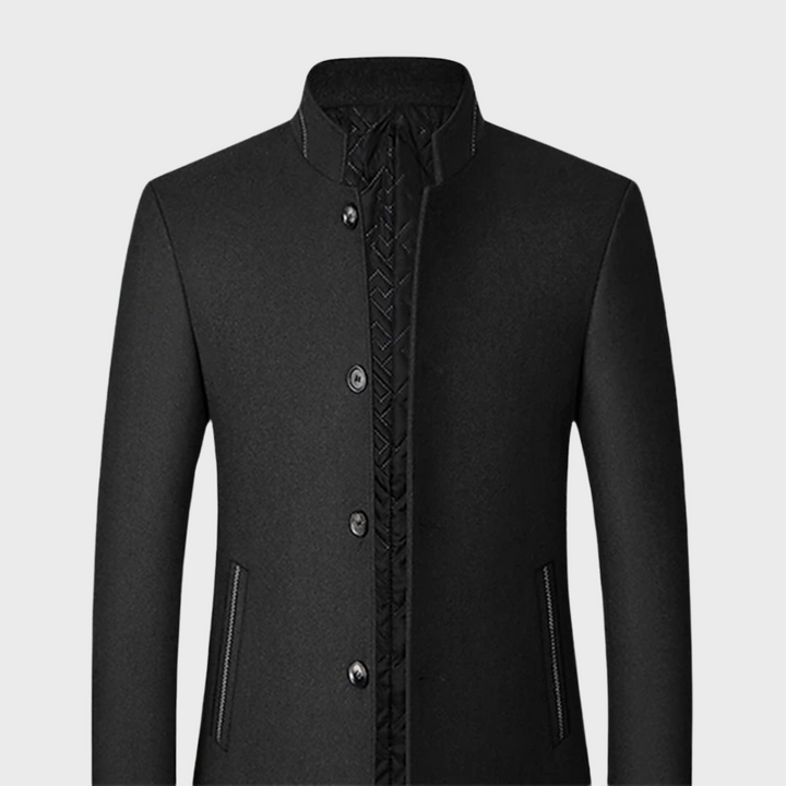 AW men's stand collar business coat. Warm tailored trench jacket for professional style, perfect for colder seasons.
