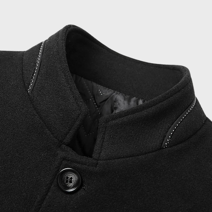 Modern men's fashion: tailored stand collar coat. A sleek business trench jacket for a sharp, professional look.