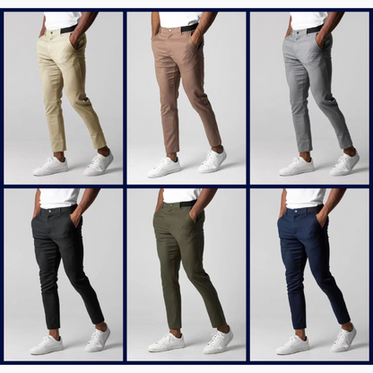 Classic men's tailored stretch chinos. Comfortable, wrinkle-resistant cotton blend pants for modern, versatile style.