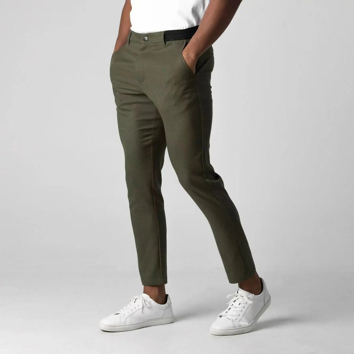 Tailored fit men's stretch chinos. Comfortable cotton blend casual pants for versatile modern everyday wear.