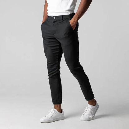 Men's modern stretch chinos: tailored fit, comfortable cotton blend, wrinkle-resistant, versatile casual pants.