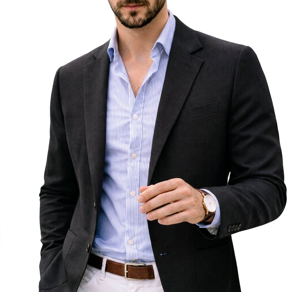 Fashionable men's tailored blazer, versatile as a suit jacket for smart casual to formal attire.