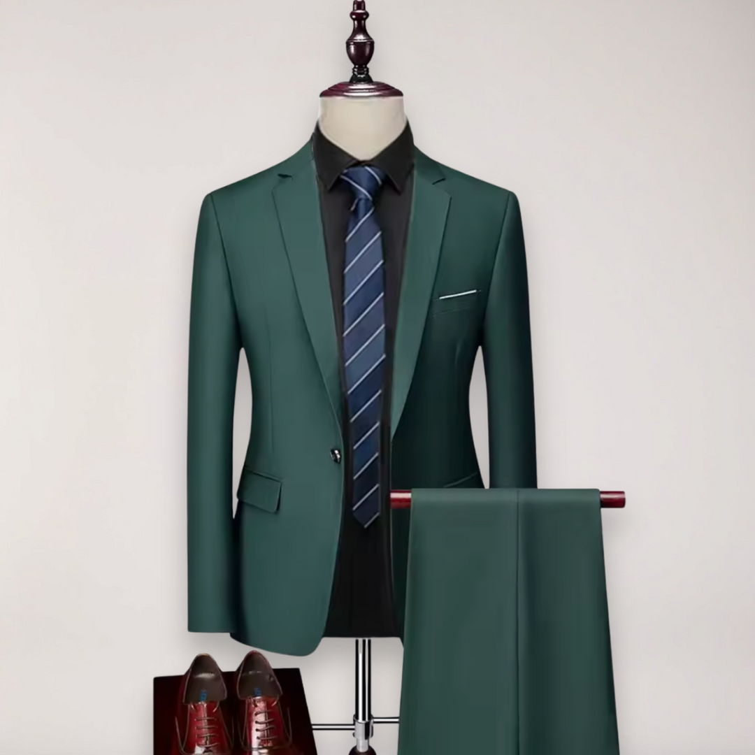 Sophisticated men's two-piece tailored suit. Ideal business formal wear, wedding suit, or special occasion fashion.