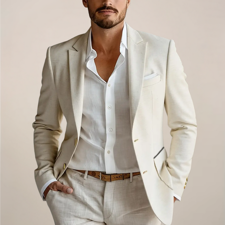 Men's tailored two-piece suit with coverless pockets, perfect for weddings, formal events, or sophisticated spring/summer style.