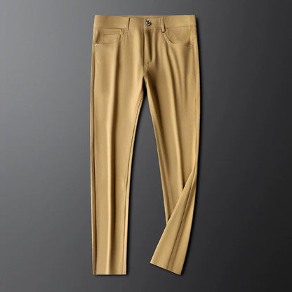 High-quality men's tailored woven trousers with a subtle leather accent, elevating any men's fashion ensemble.