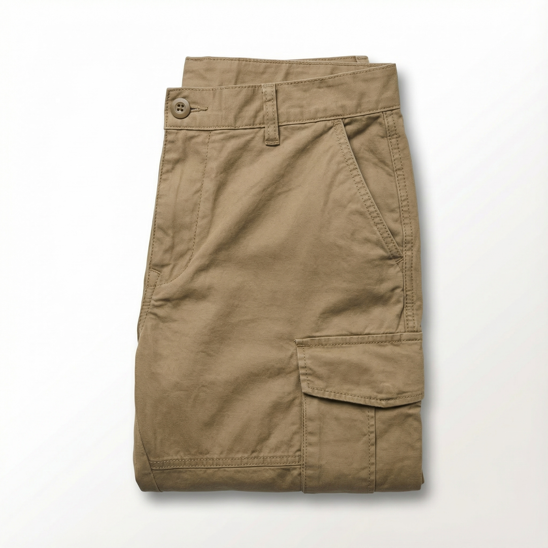 Khaki men's tapered cargo pants, offering comfortable everyday wear and practical utility for any occasion.