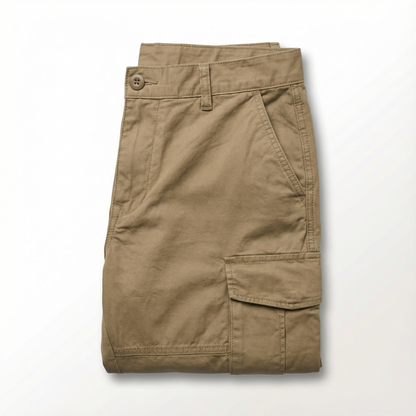 Khaki men's tapered cargo pants, offering comfortable everyday wear and practical utility for any occasion.