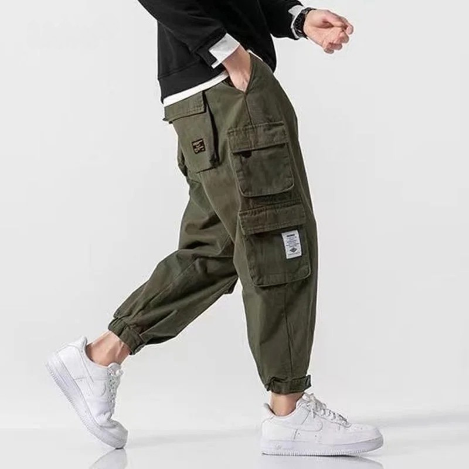 Stylish men's cotton tapered cargo jogger pants with elastic waist & cuffs.