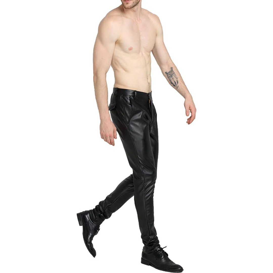 Urban fashion men's tapered faux leather biker pants. Sleek modern fit, ideal as motorcycle trousers.