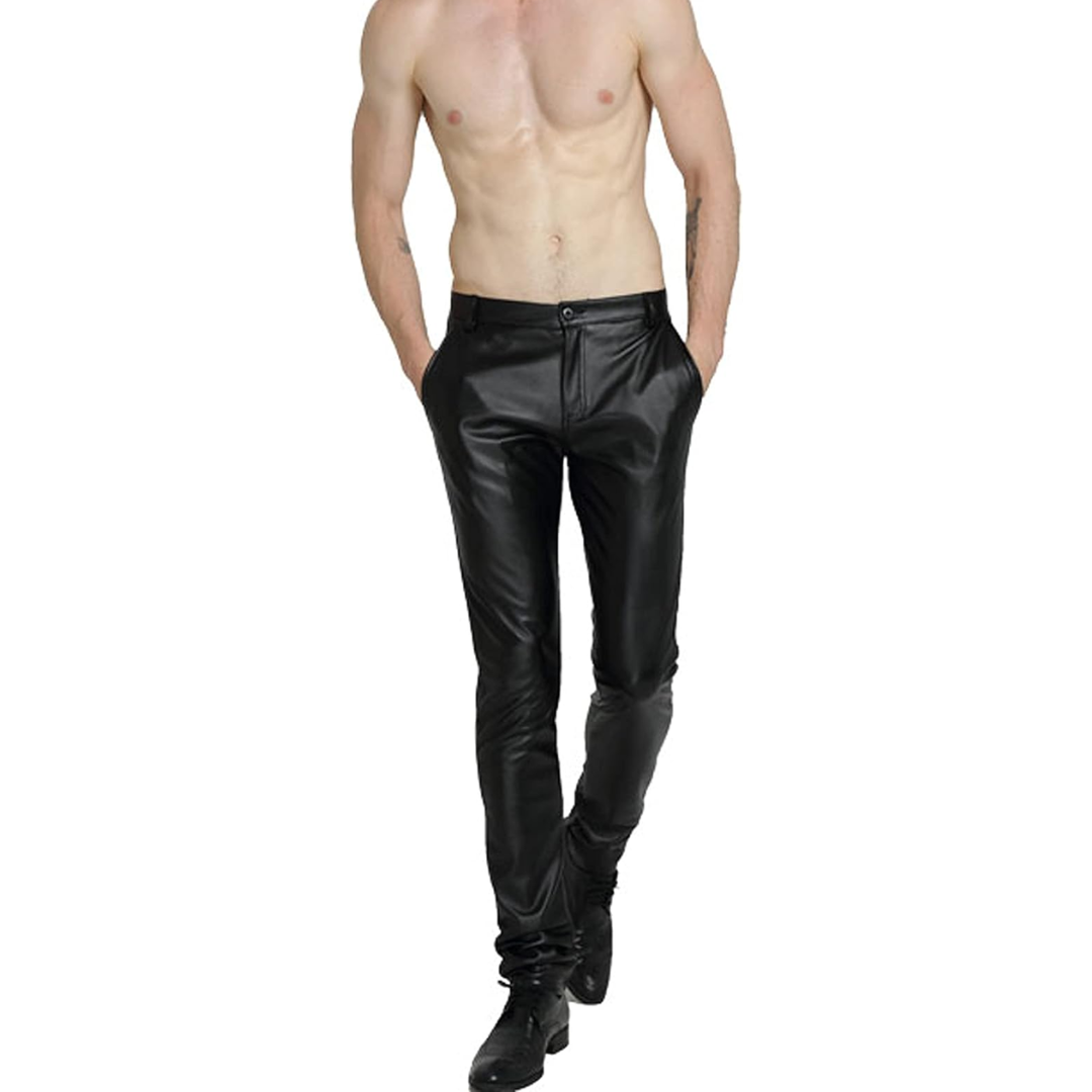 Versatile men's tapered faux leather pants. Biker style, modern fit, perfect for sleek casual & urban wear.