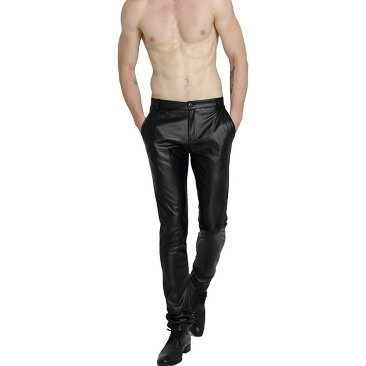 Versatile men's tapered faux leather pants. Biker style, modern fit, perfect for sleek casual & urban wear.