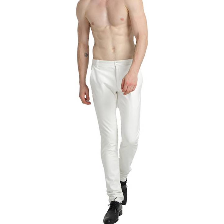Stylish men's blue tapered biker pants. Faux leather trousers with a modern, sleek fit. Urban look.