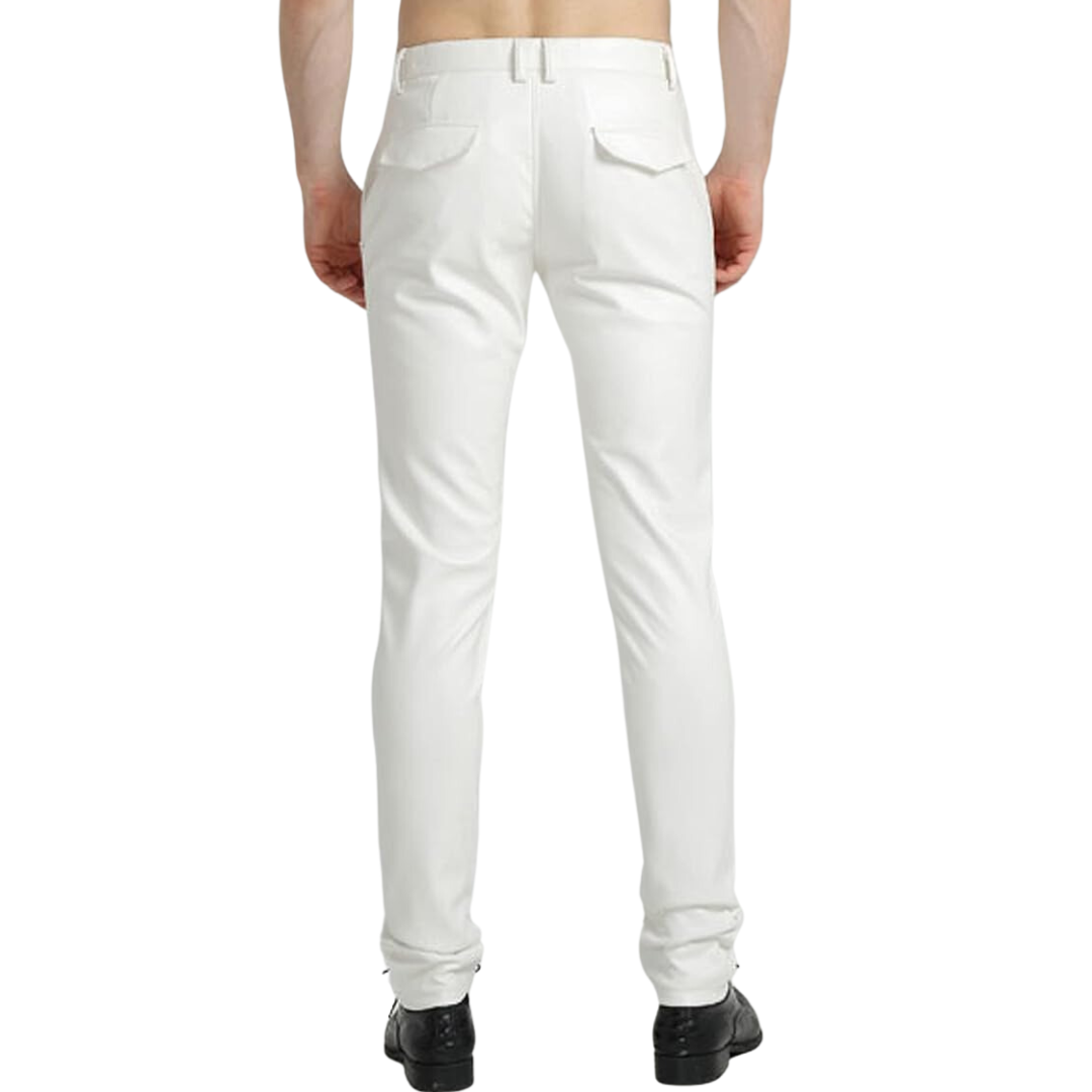 White men's tapered biker pants, faux leather. Modern motorcycle style trousers with a comfortable, sleek fit.