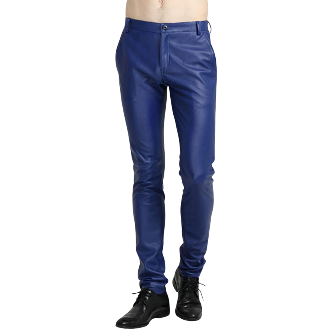 Black tapered faux leather pants for men. Biker style, modern fit, perfect for sleek urban fashion.