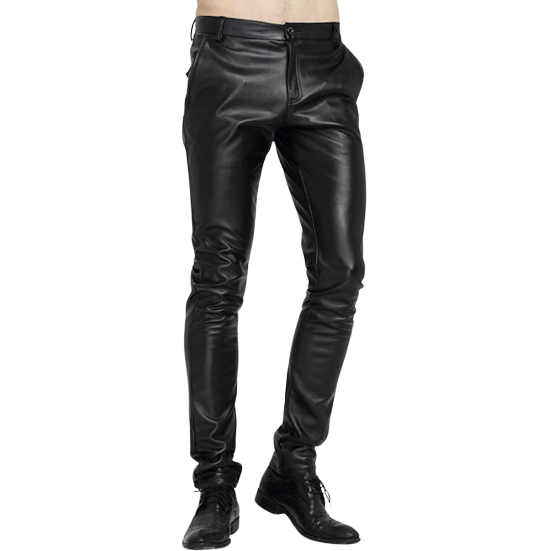 Men's sleek tapered faux leather pants, modern urban fit. Biker style trousers in a versatile blue.