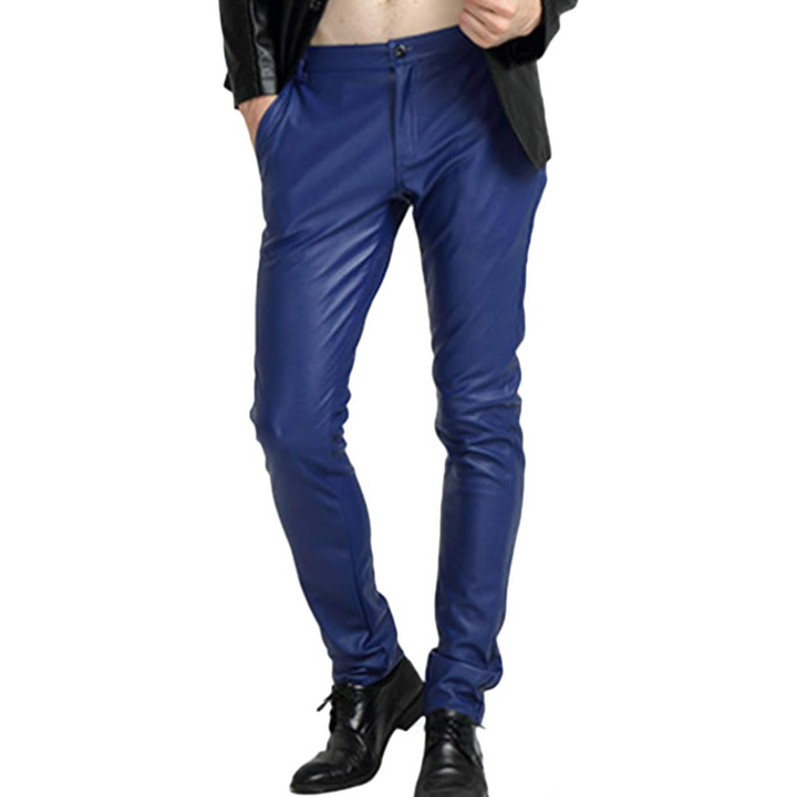Casual red men's tapered faux leather biker pants. Modern fit trousers for urban fashion.
