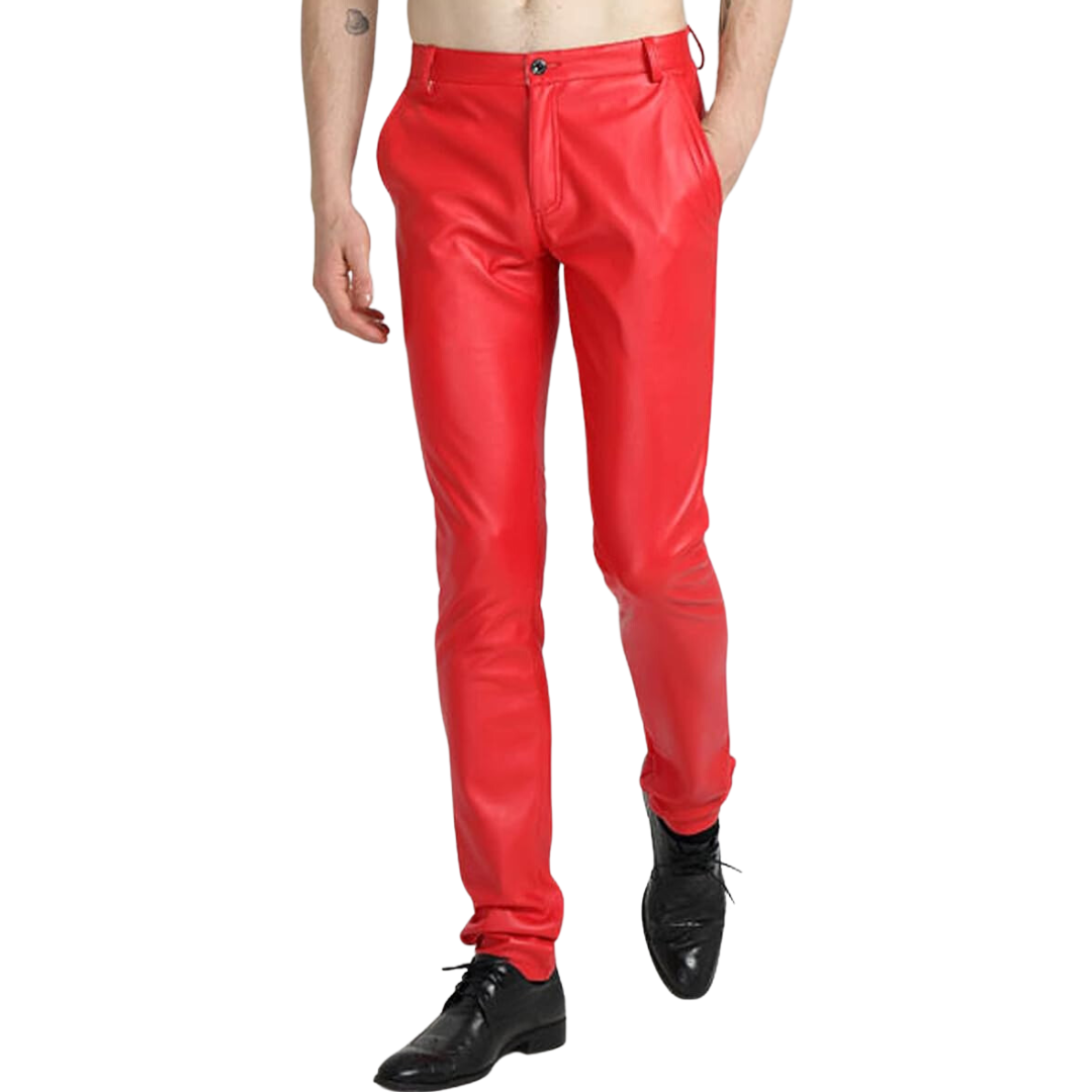 White tapered faux leather men's pants. Sleek design, biker style, comfortable modern fit.