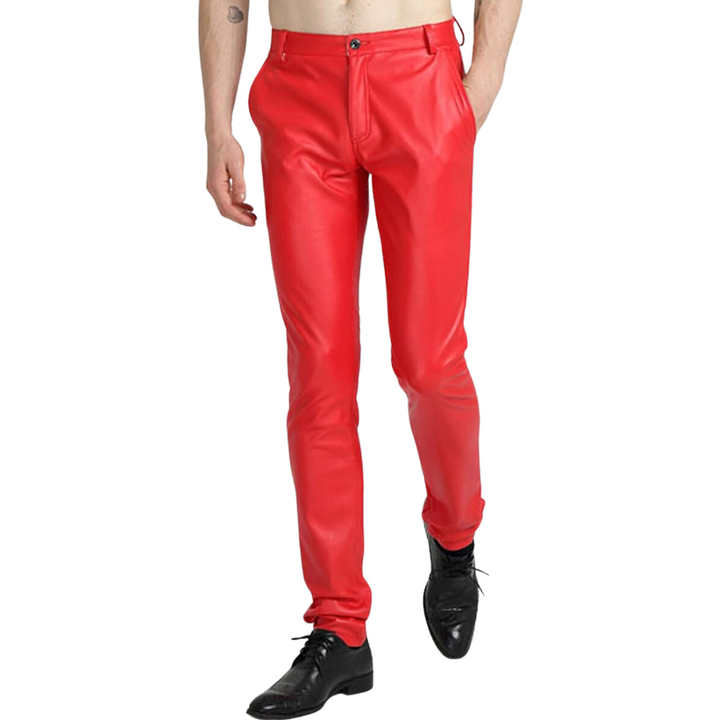 White tapered faux leather men's pants. Sleek design, biker style, comfortable modern fit.